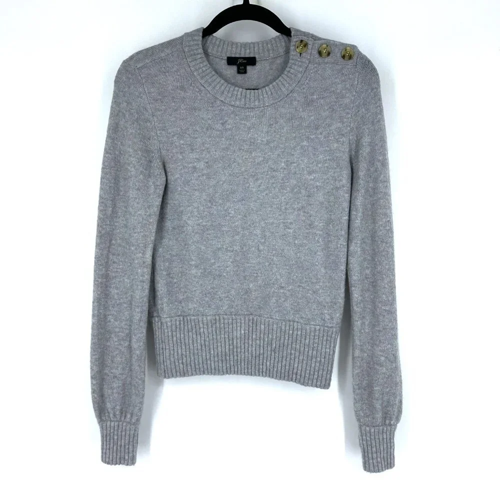 J.Crew Button Detail Crewneck Sweater Gray Supersoft Alpaca Blend‎ XS